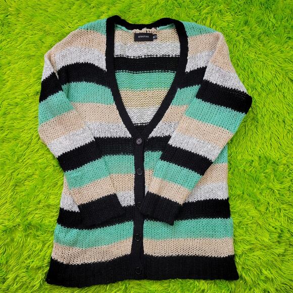 MINKPINK Blue Black Cream Chunky Knit Striped Button Up Sweater Cardigan, M/L - Picture 1 of 4